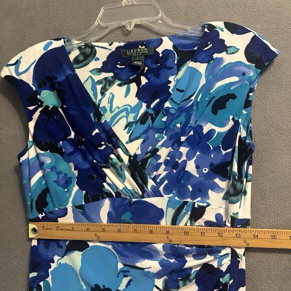 Lauren Ralph Lauren Ruched Faux Wrap Dress Size 6 Blue Floral Career Stretch - Picture 7 of 9